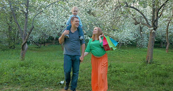 快乐的家庭带着孩子在盛开的公园里散步视频的预览图