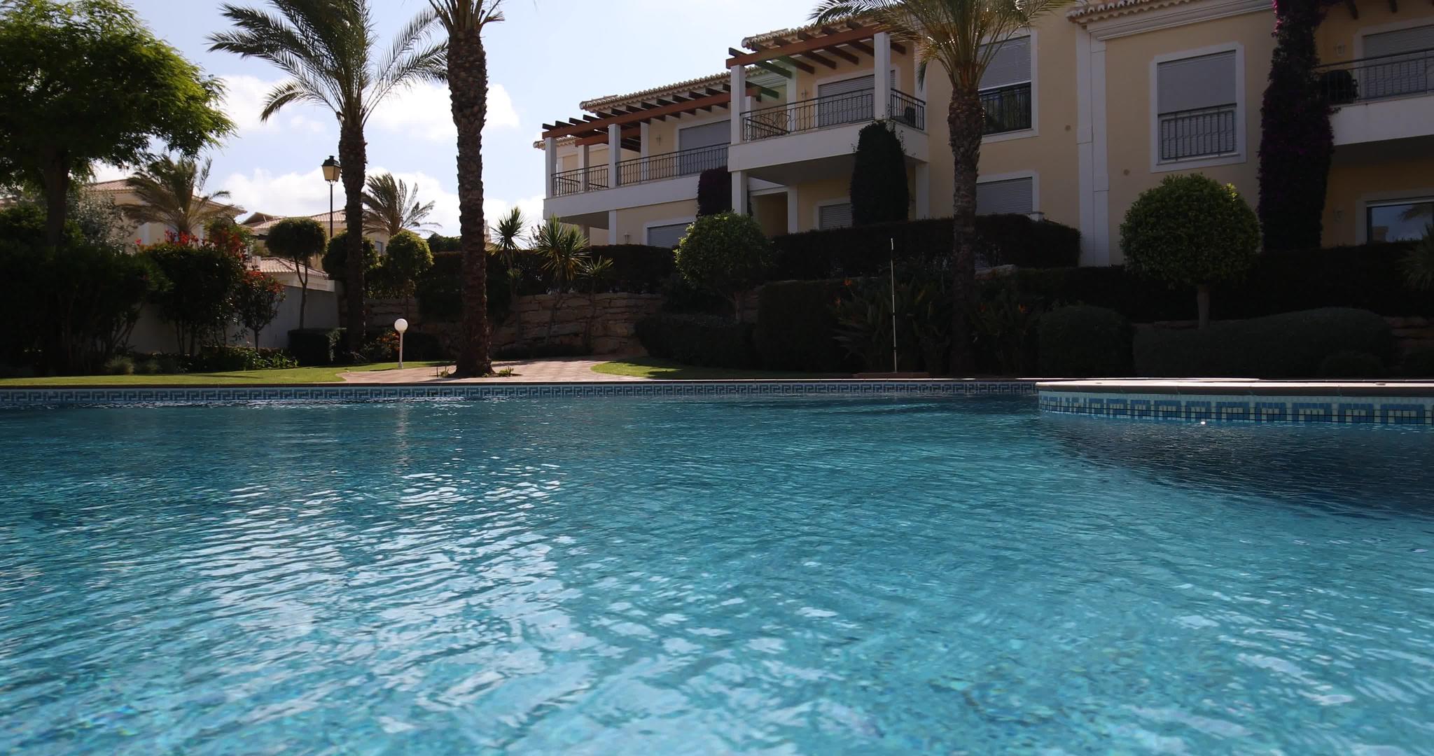 游泳池躺椅和棕榈树在温暖阳光的日子里度假视频的预览图