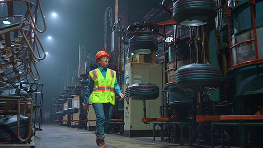 在巨大的现代生产设施仓库里专注的女主管行走视频的预览图