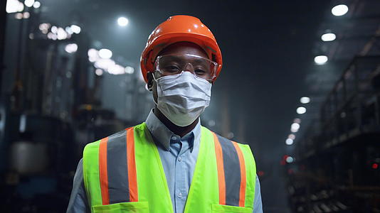 机械师戴着面具看着制造公司工厂的相机视频的预览图