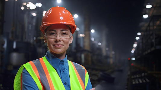 在巨大的工业仓库里女工程师戴着安全头盔微笑着拍照视频的预览图