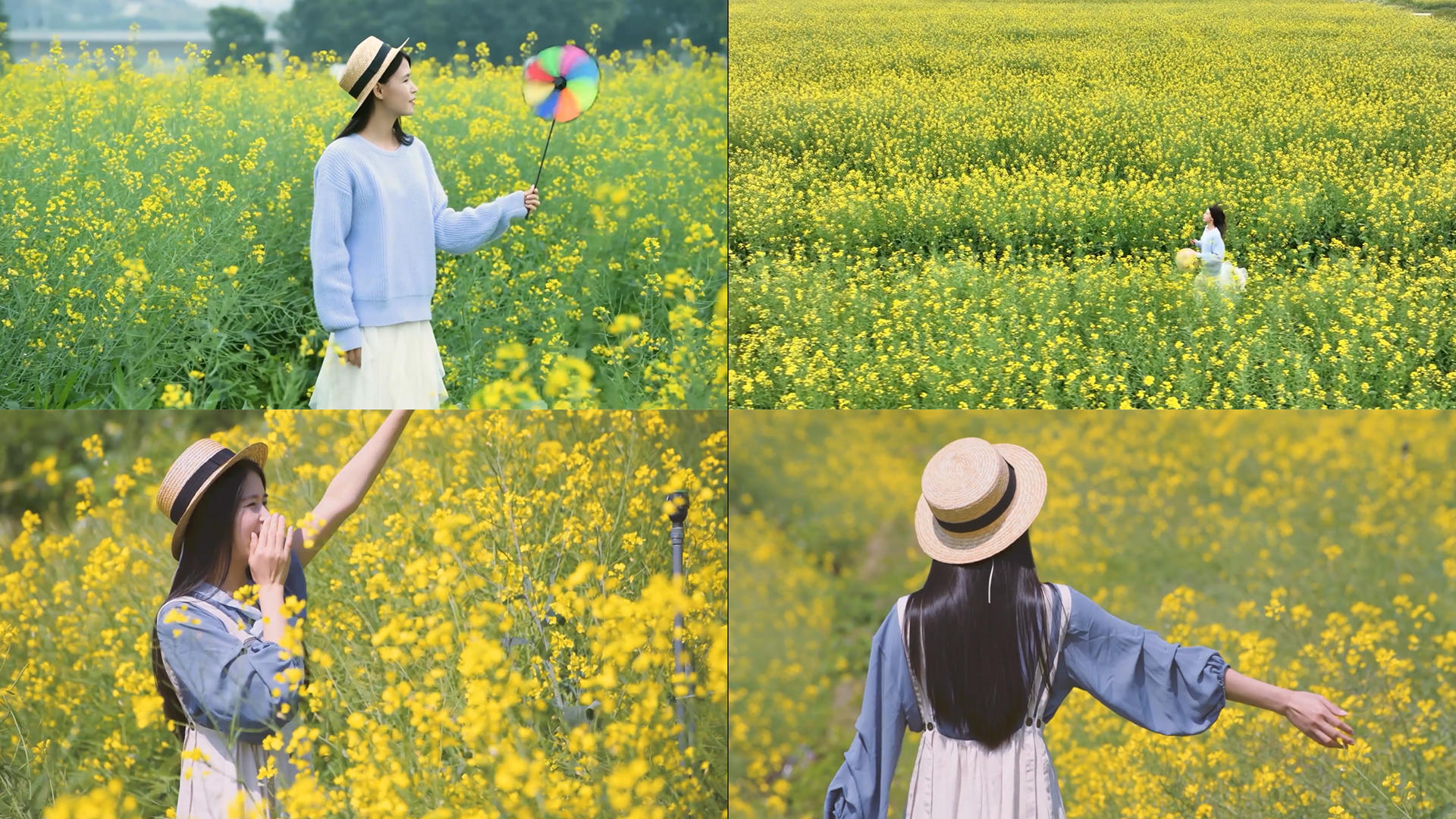 春季少女在油菜花田里游玩合集视频的预览图