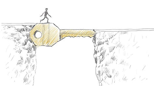成功的关键概念是一个人在两个悬崖上奔跑一把巨大的金钥匙视频的预览图