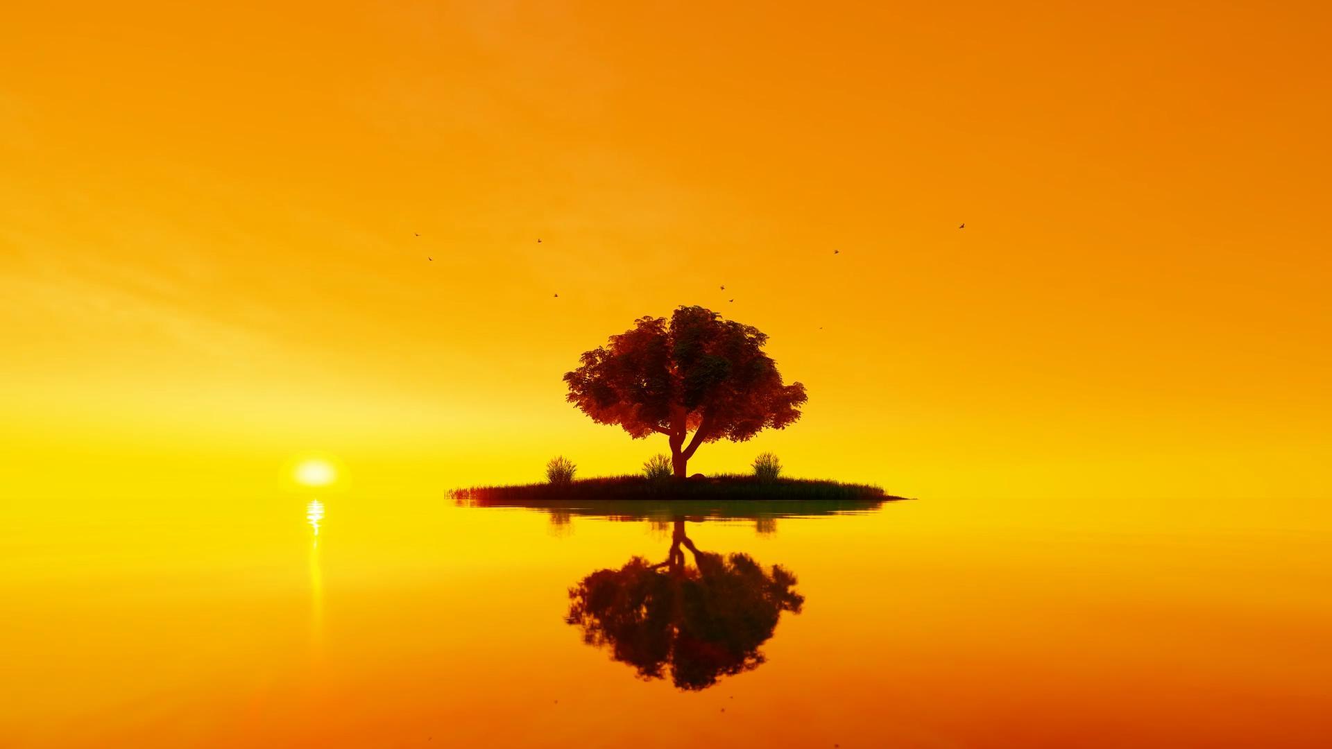 夕阳意境湖面倒影小树视频的预览图