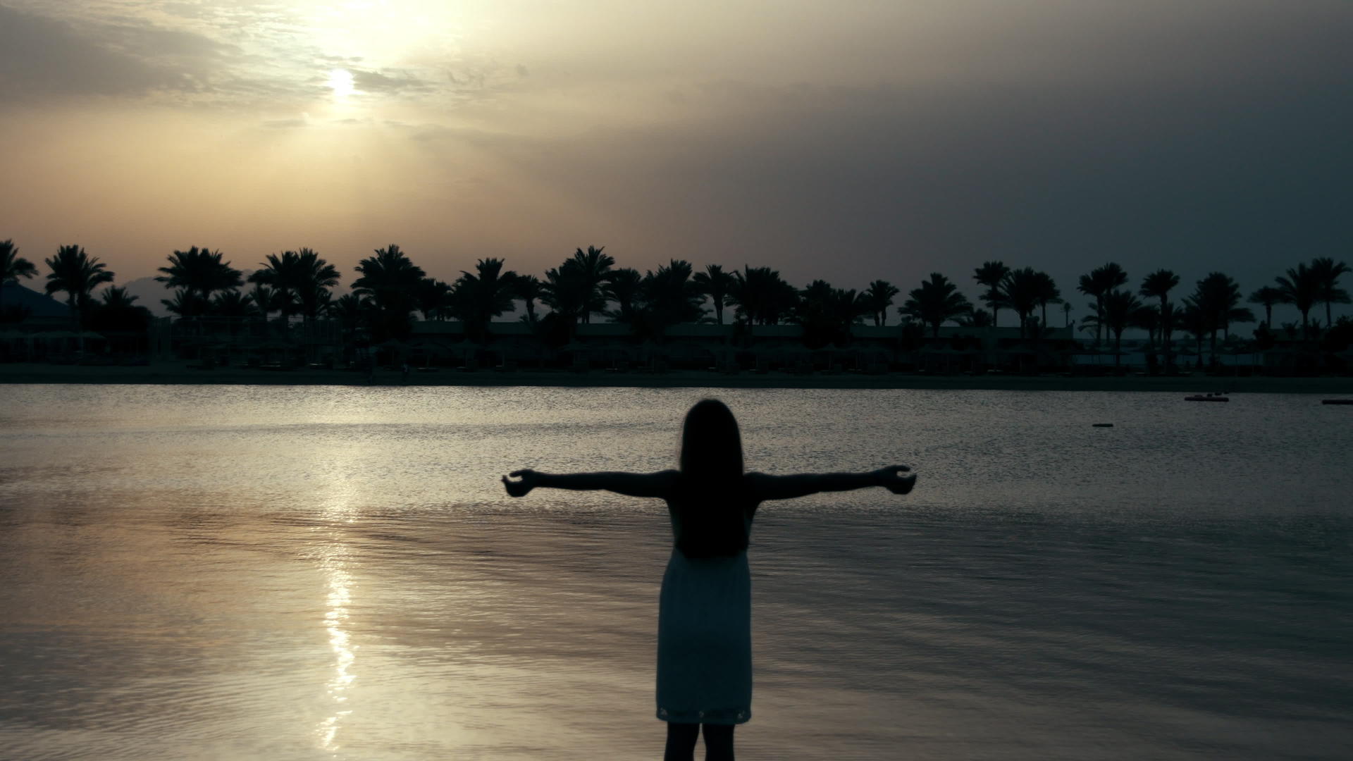 美丽的女孩张开双臂站在日出沙滩上视频的预览图