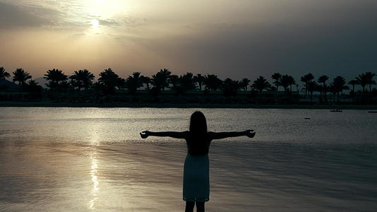 美丽的女孩张开双臂站在日出沙滩上视频的预览图