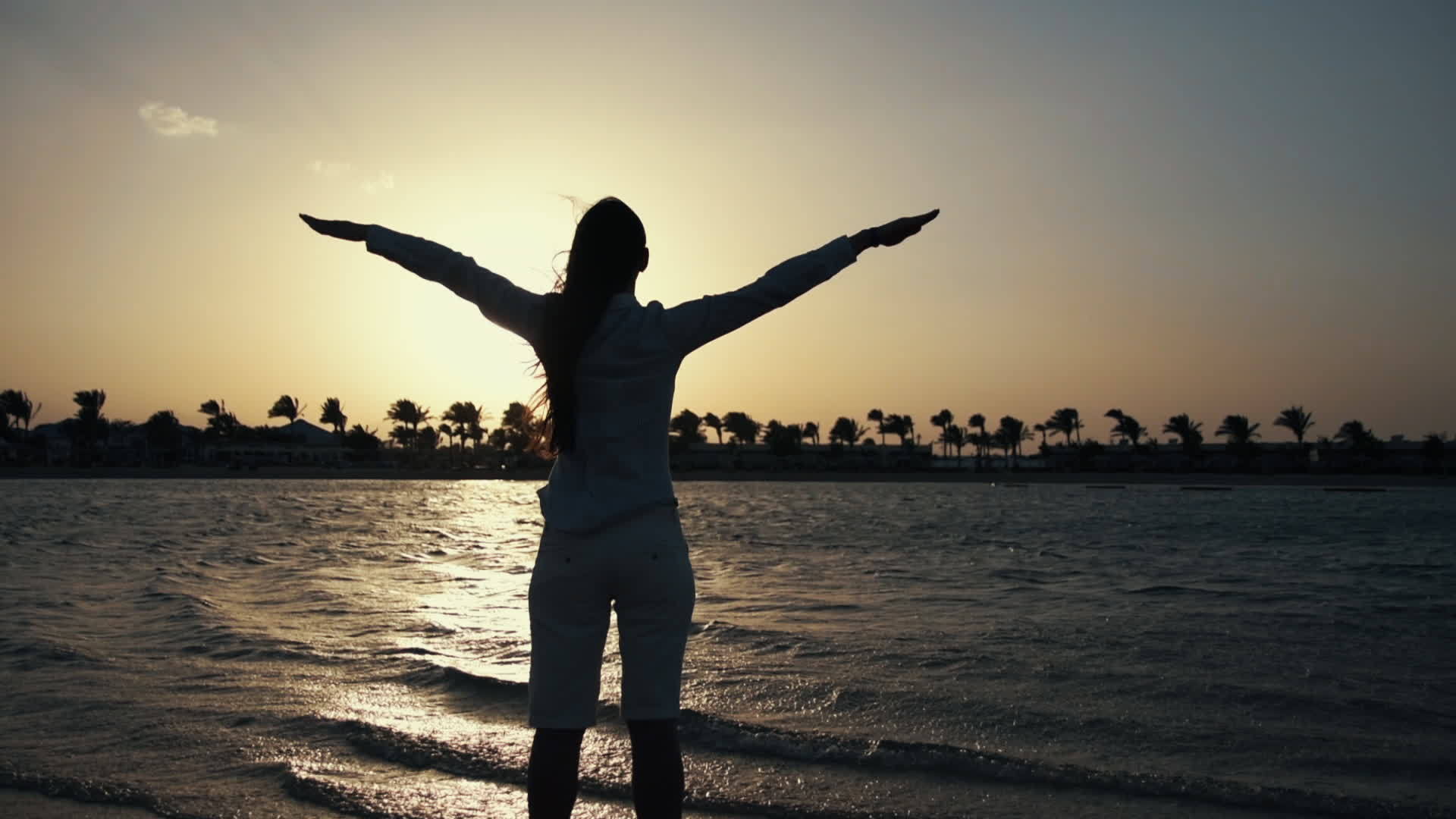 快乐的女孩站在海边度过日出时光视频的预览图
