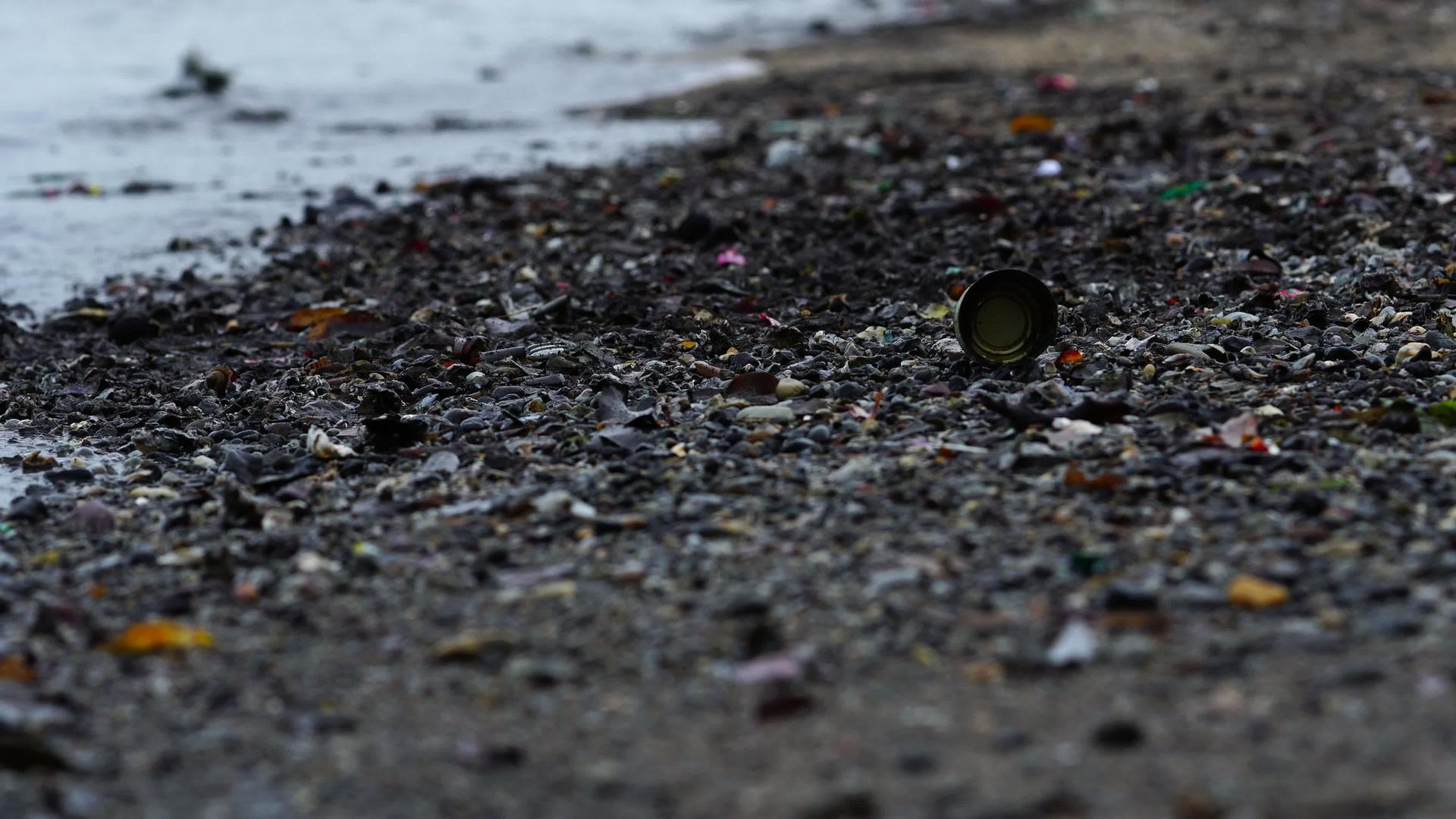 海滩上的垃圾在海滩上的黑沙风吹过海滩海水在早晨视频的预览图