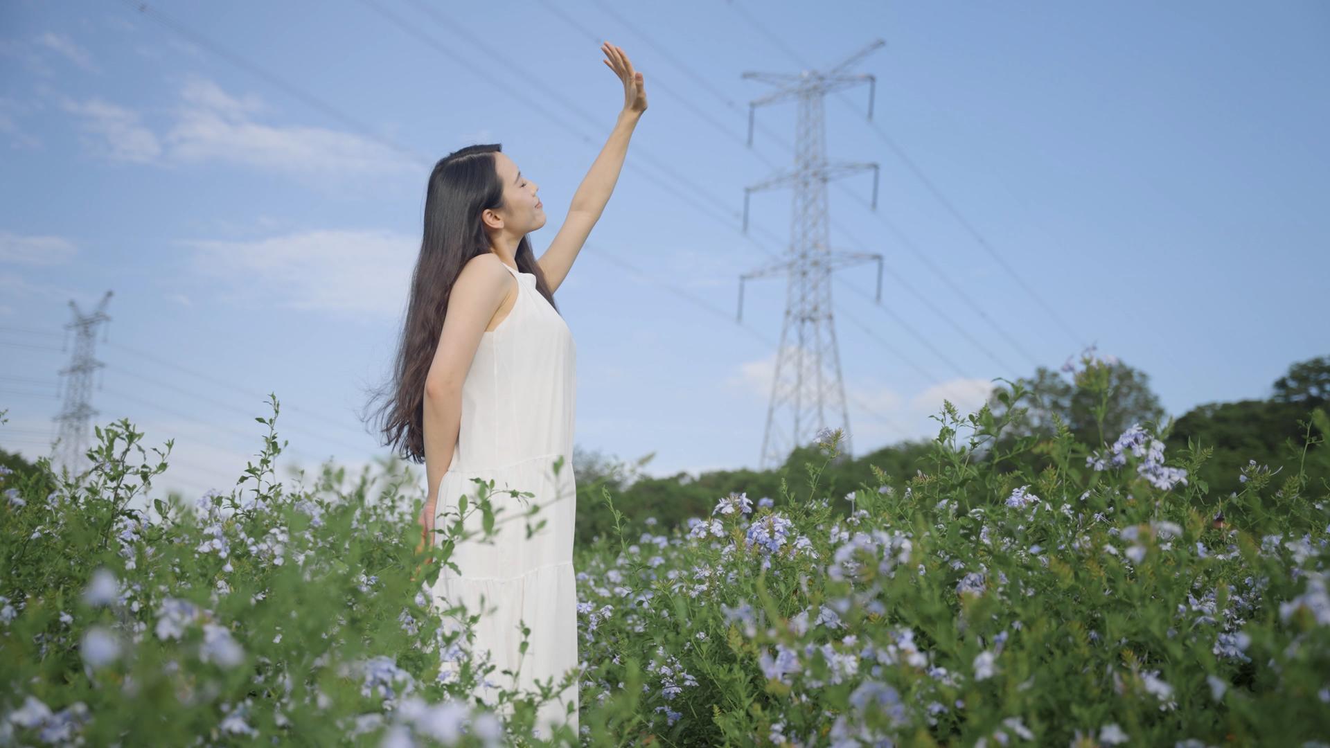4k年轻女性花海阳光照射夏日天空视频的预览图