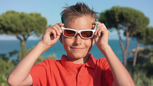 男孩戴着墨镜在海边放松面对镜头视频的预览图