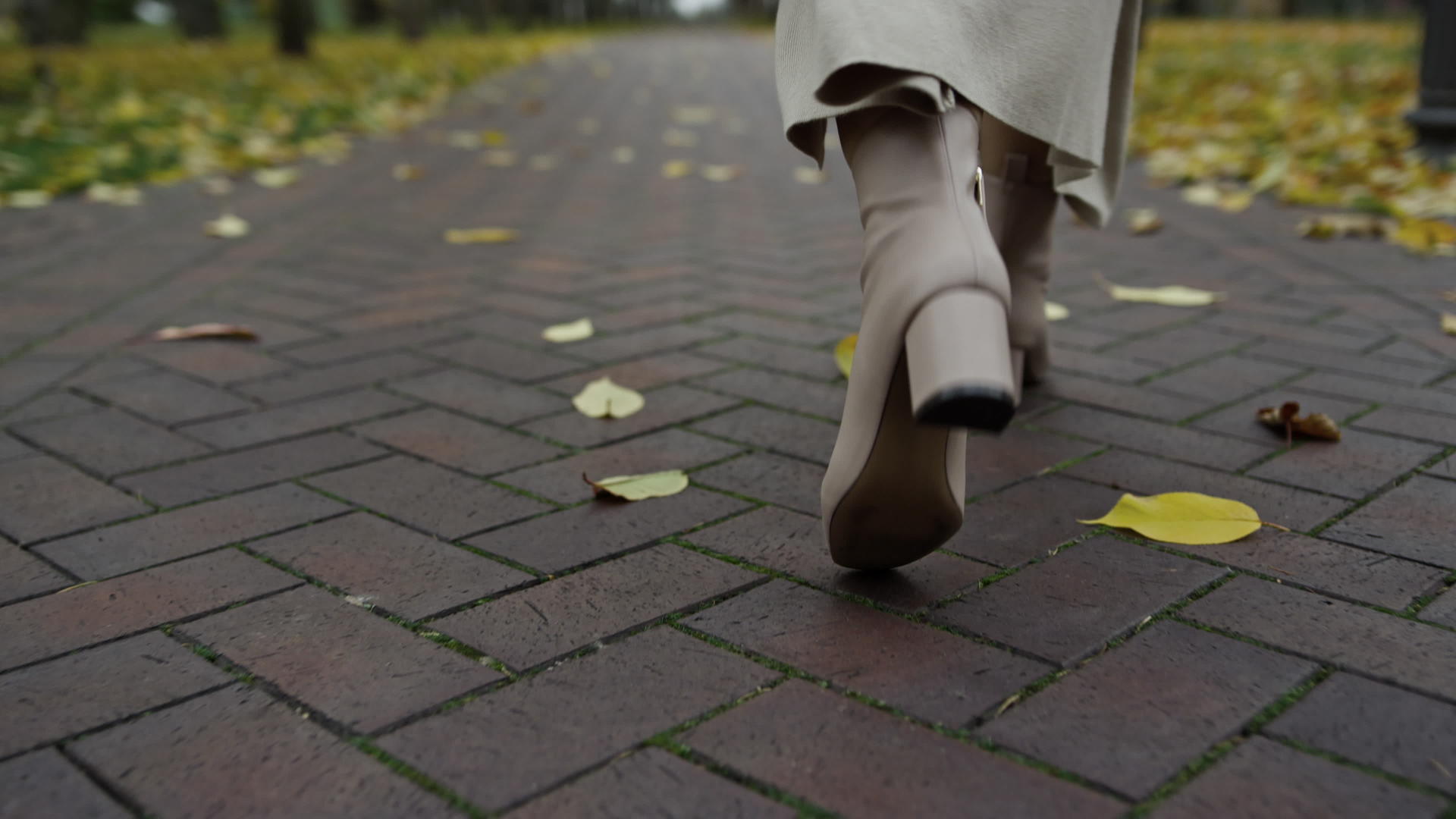 秋天在公园里穿靴子走在路上视频的预览图