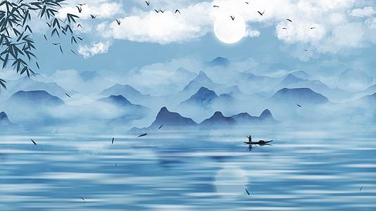 优雅中国风飞鸟远山湖泊明月渔船背景视频的预览图