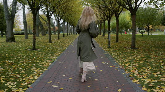 微笑时尚女性在秋天公园快乐散步视频的预览图