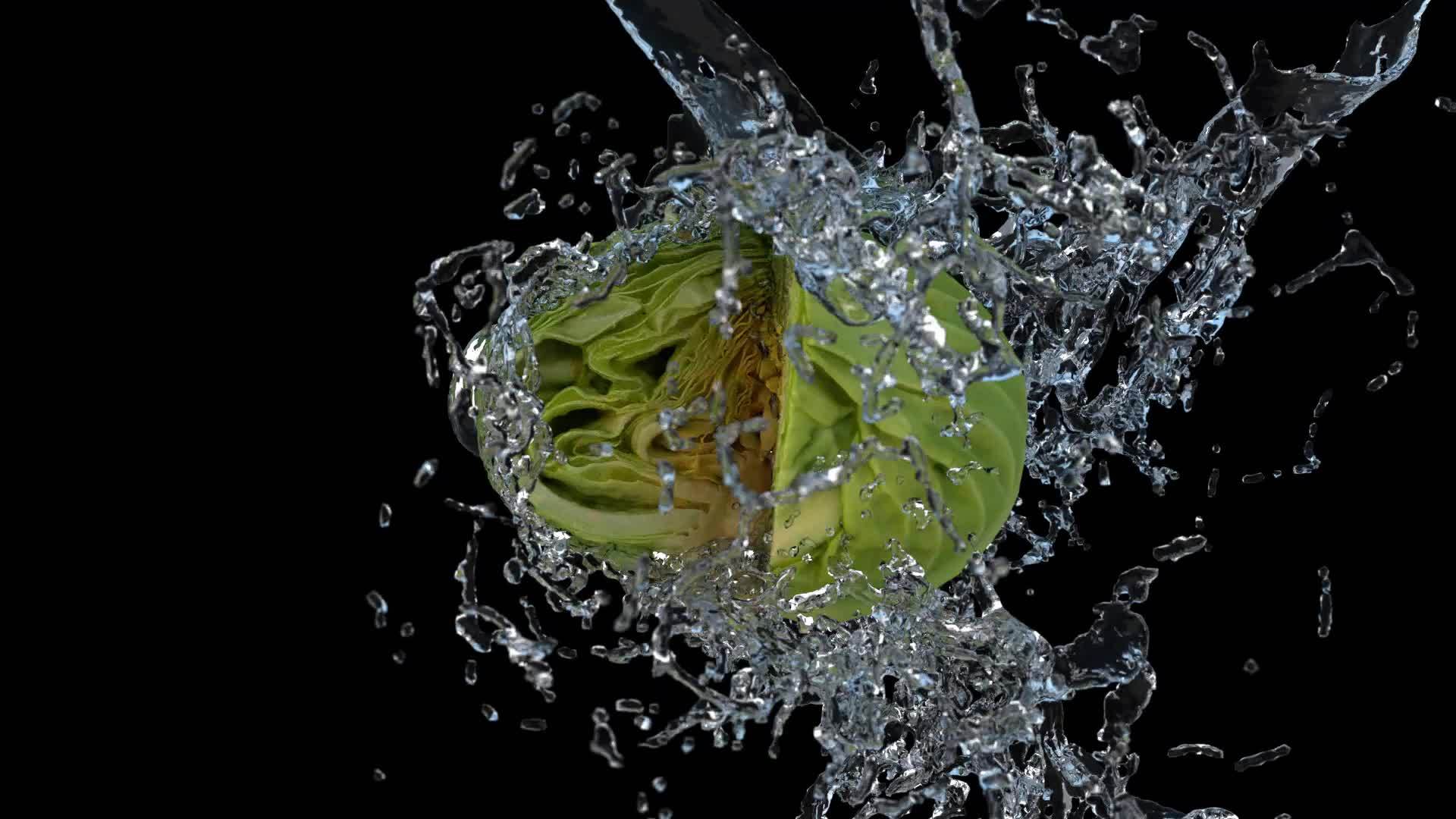 黑色背景1超慢动白菜水喷洒视频的预览图