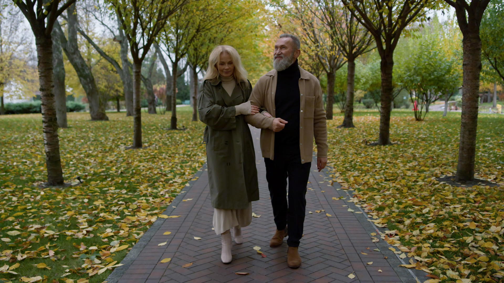 老年浪漫情侣在公园轻松的氛围中行走视频的预览图