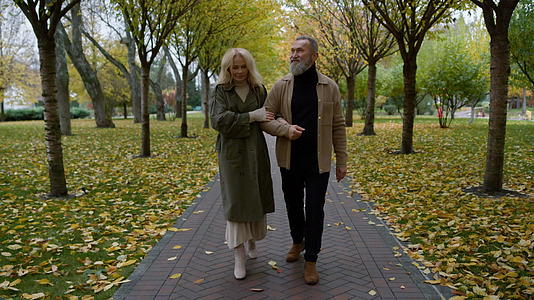 老年浪漫情侣在公园轻松的氛围中行走视频的预览图