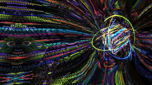 量子磁光蓝核心和未来计算机动画抽象背景和无限橙色火视频的预览图