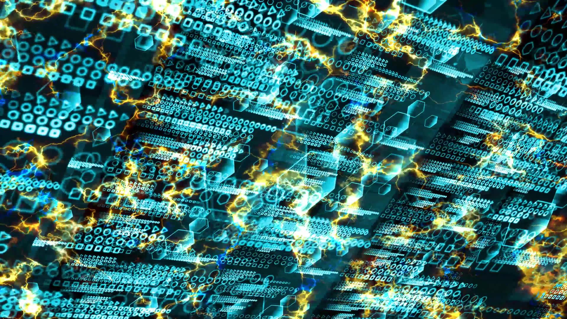 大数据和抽象的多边形量子计算机蓝调在金冰螺栓发光的背景下视频的预览图