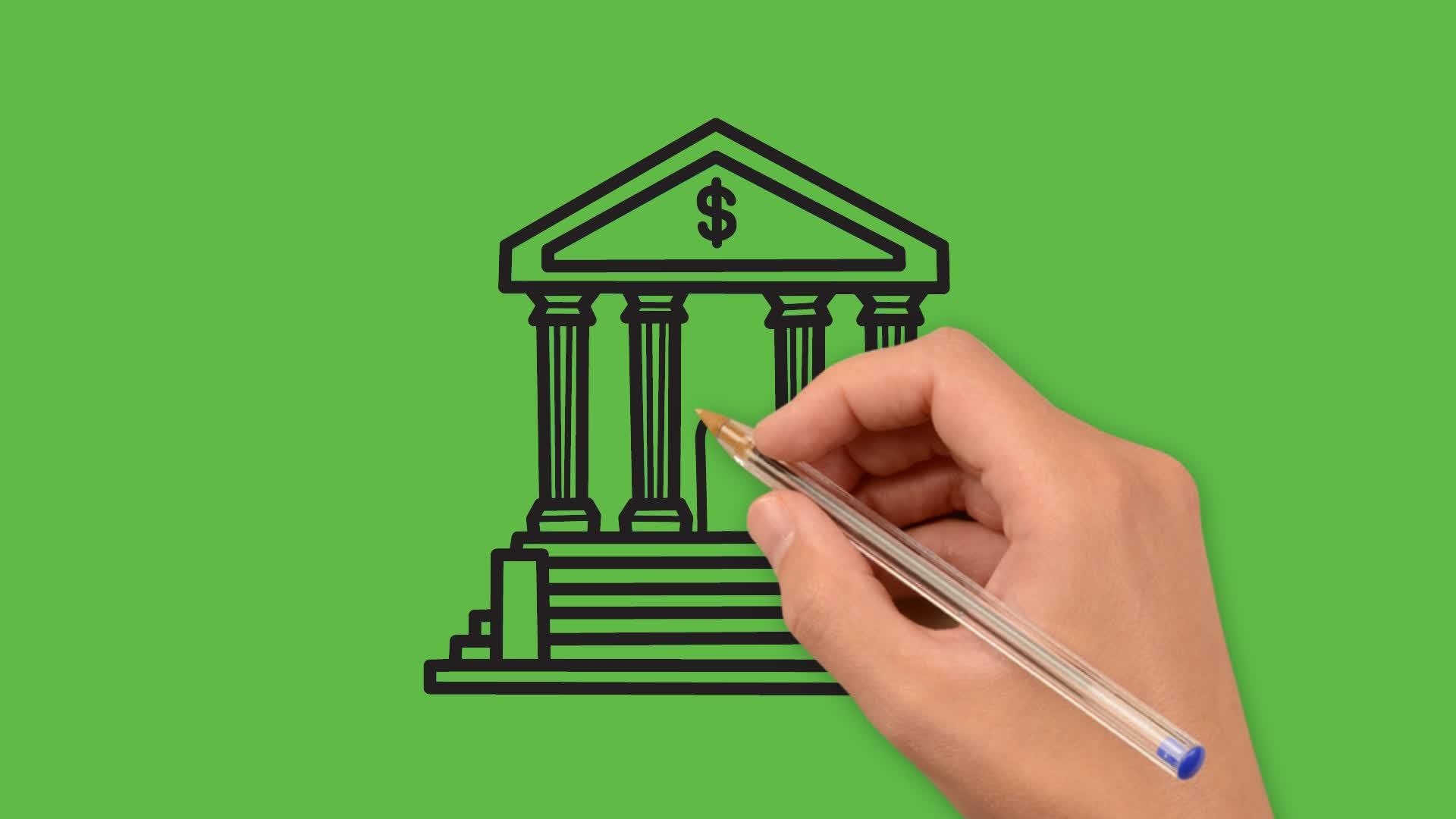 在绿色背景上画蓝色和黑色的银行艺术图纸视频的预览图