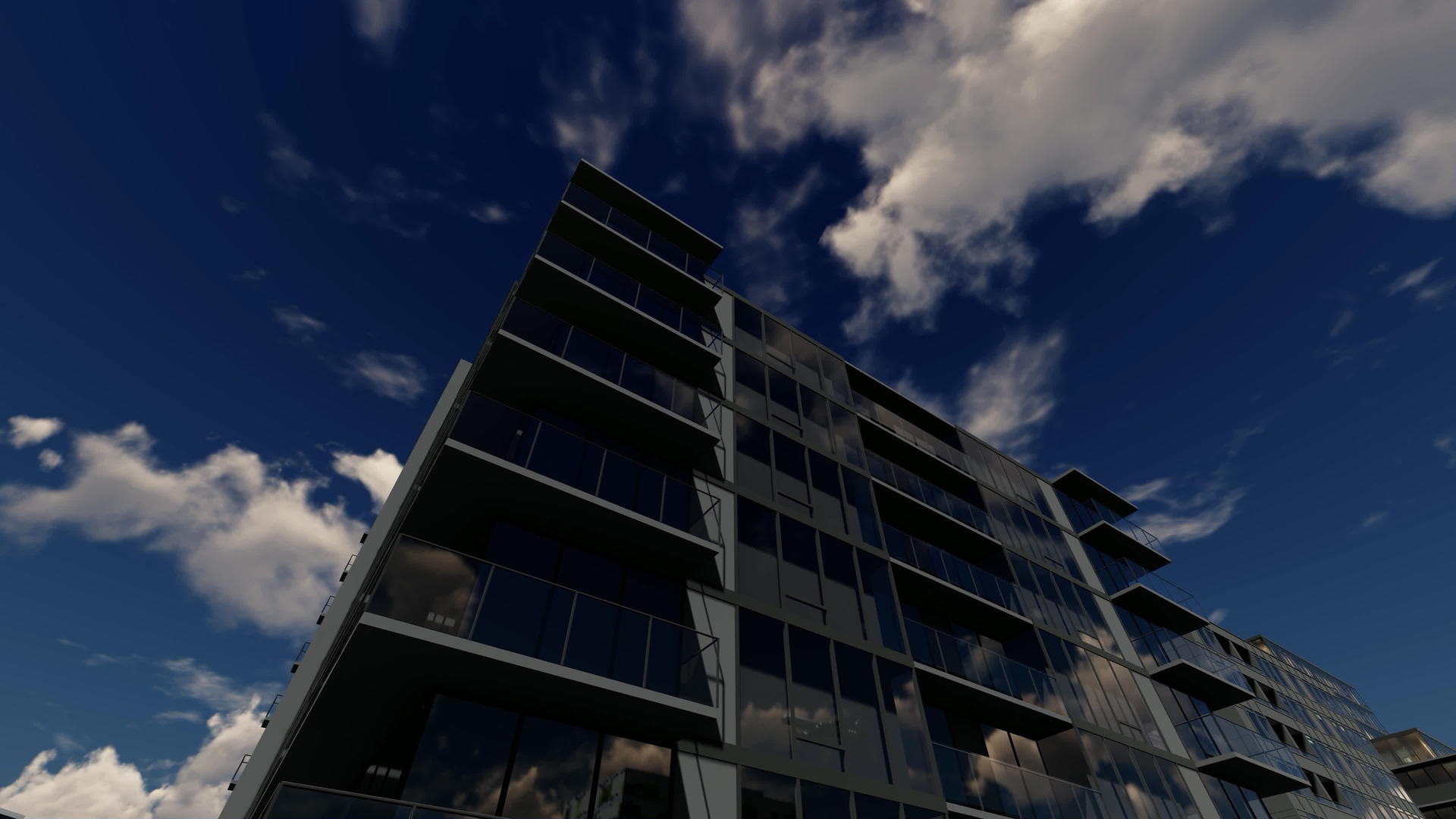 3D办公楼背面有深蓝色的天空视频的预览图