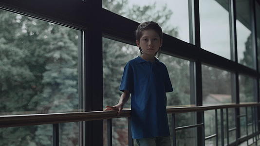 悲伤的男孩独自站在全景窗前视频的预览图