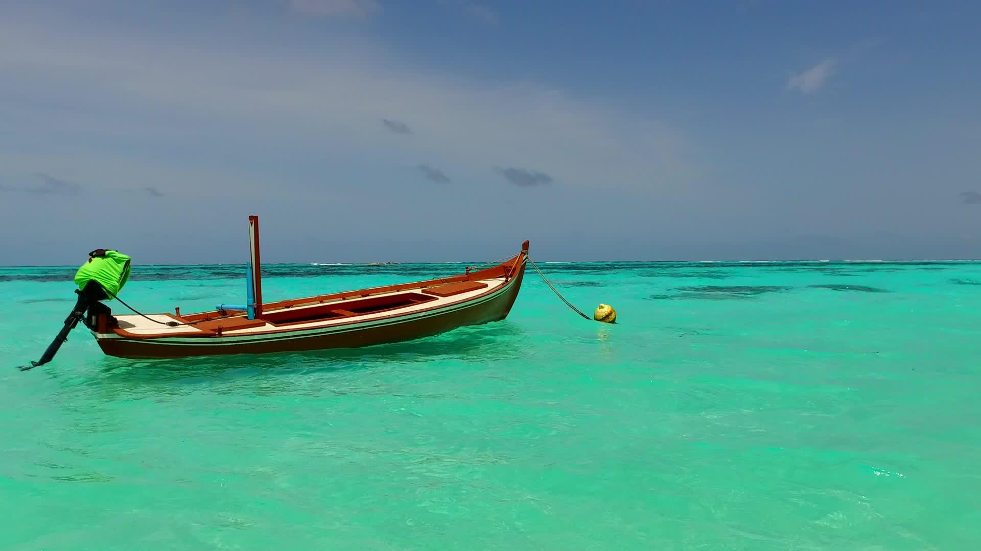 在蓝色的海洋中度过一个豪华的海滨海滩度假棕榈树附近有一个白色的沙底背景视频的预览图
