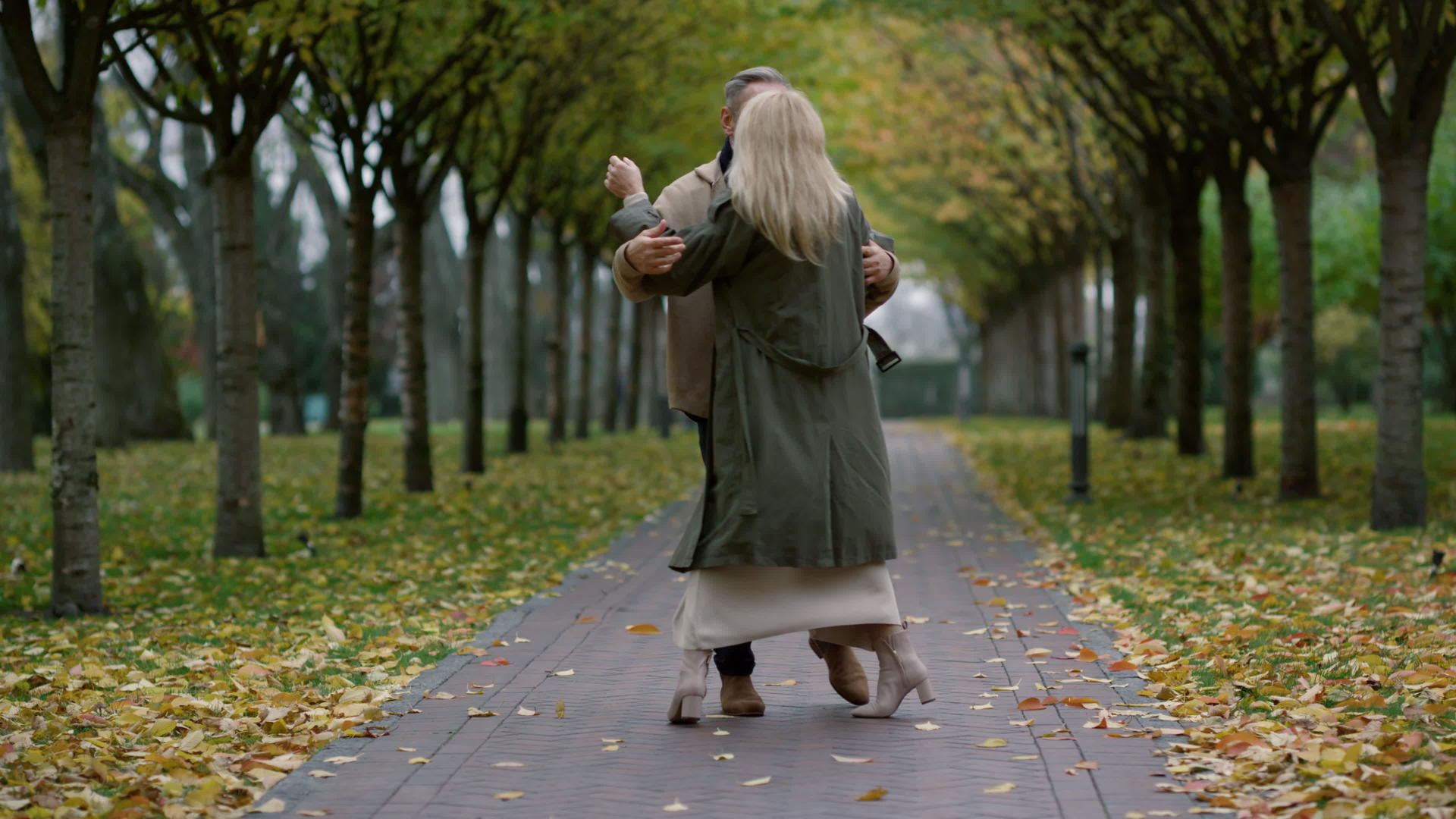 快乐的老年夫妇在秋天的公园里玩耍老人在户外跳舞视频的预览图