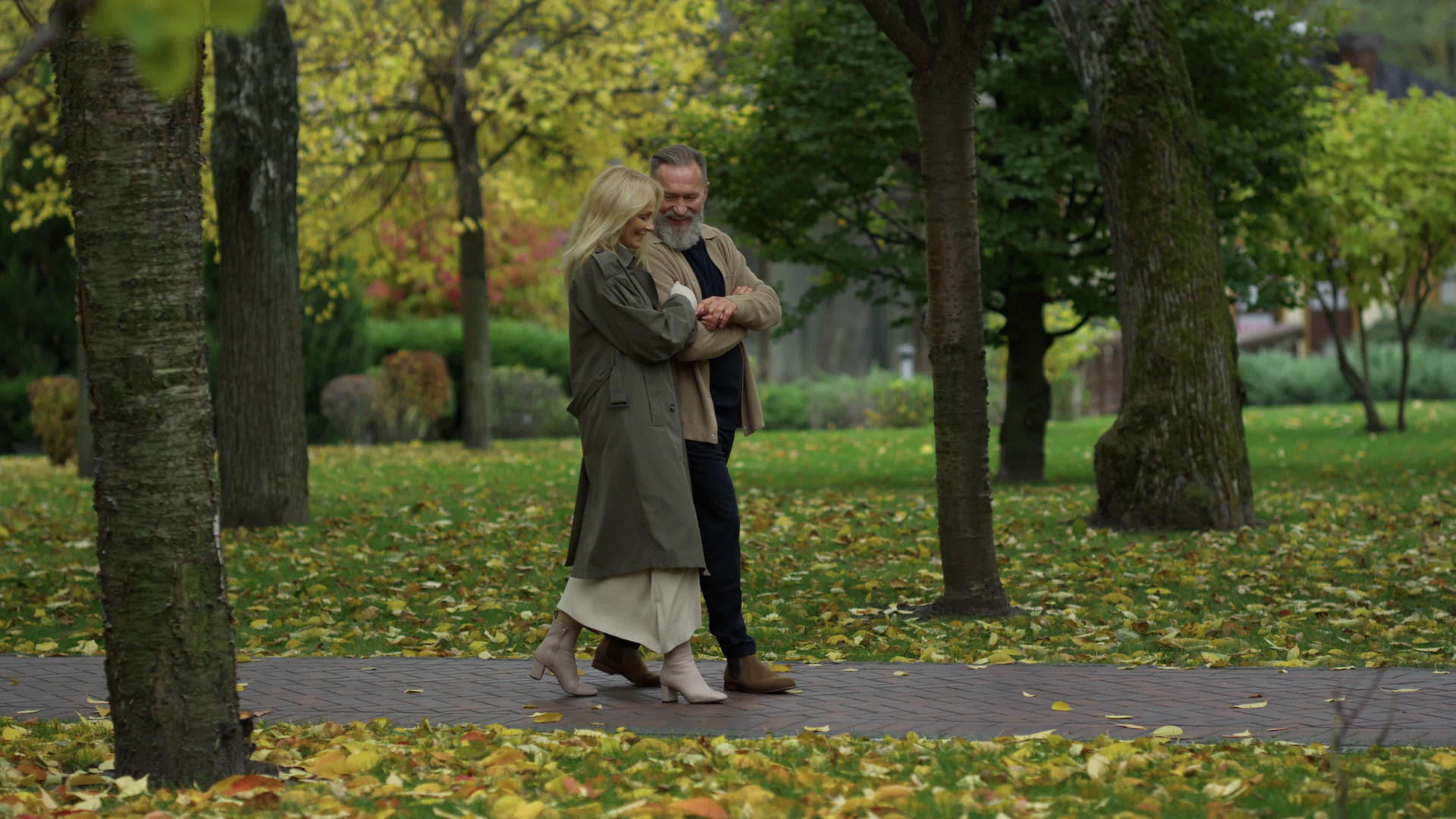 秋天美丽快乐的夫妇在树间行走视频的预览图