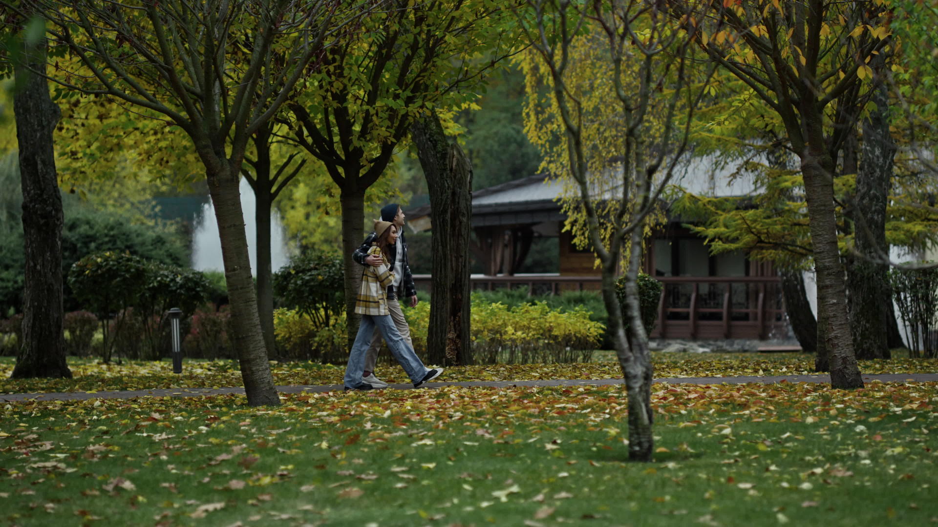 秋天一对年轻夫妇沿着木路散步视频的预览图