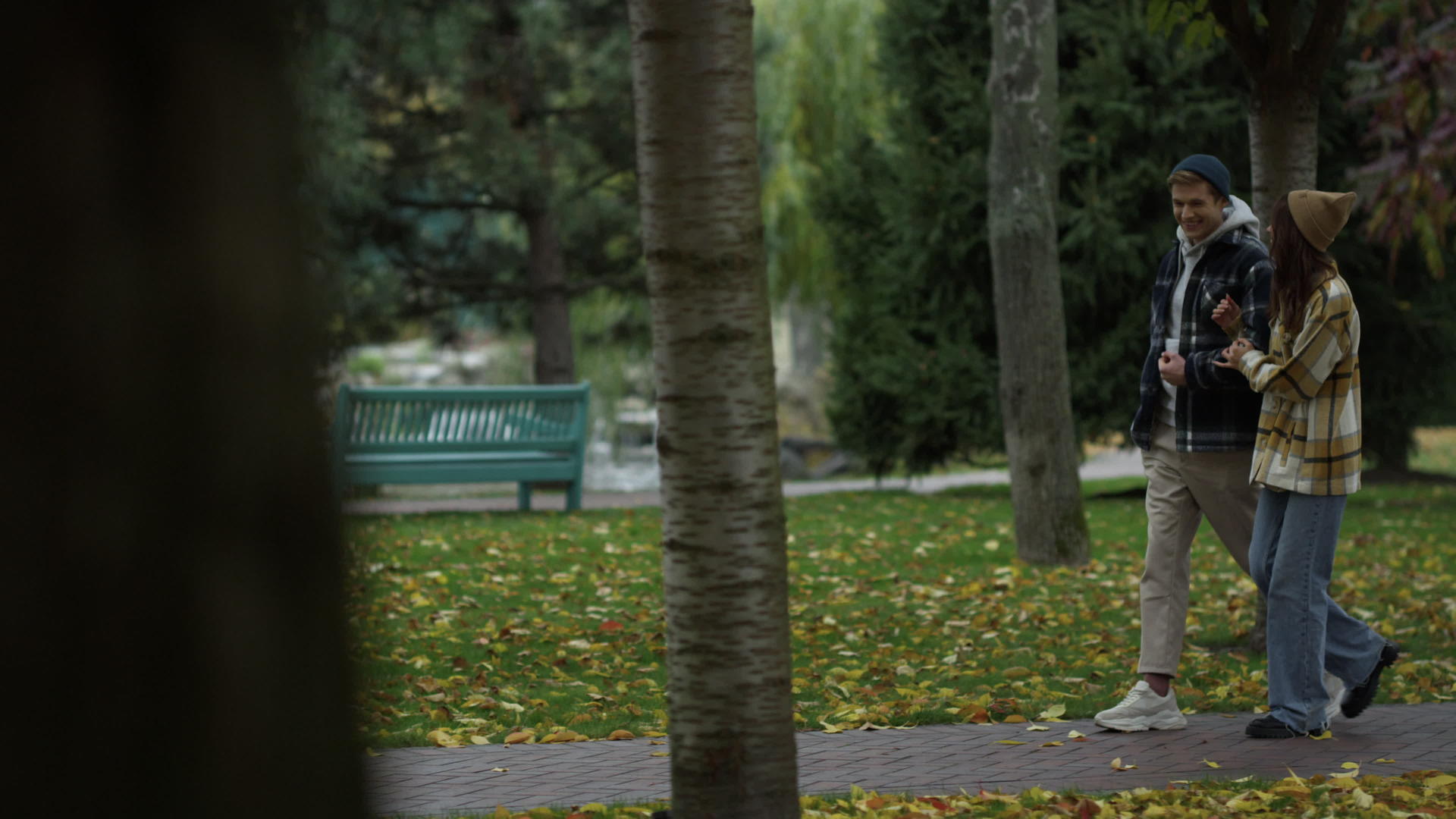 年轻夫妇在美丽的秋天公园里散步视频的预览图