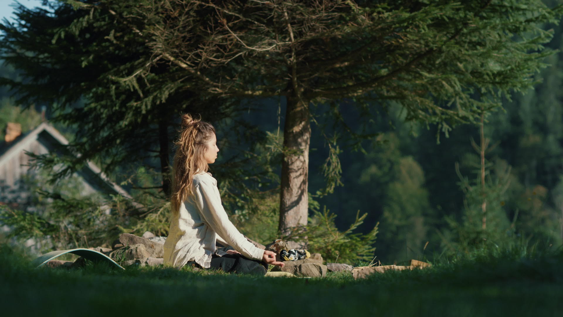 美丽的女孩在森林里做瑜伽视频的预览图