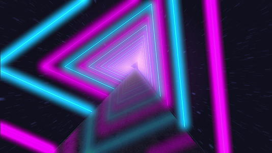 旋转霓虹灯三角形飞过发光创造隧道蓝色、红色、粉色和紫色视频的预览图