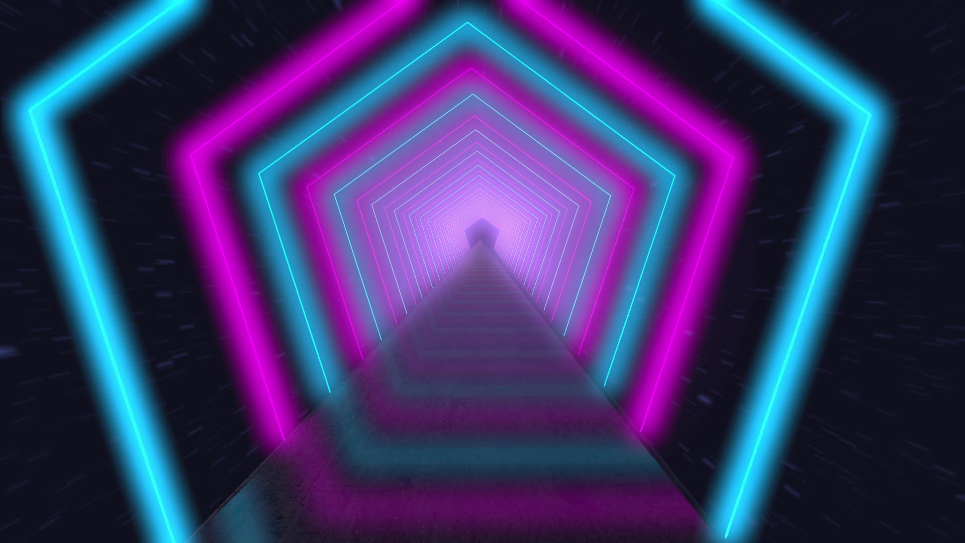 通过发光的旋转霓虹灯五边形创造隧道蓝色、红色、粉色和紫色视频的预览图