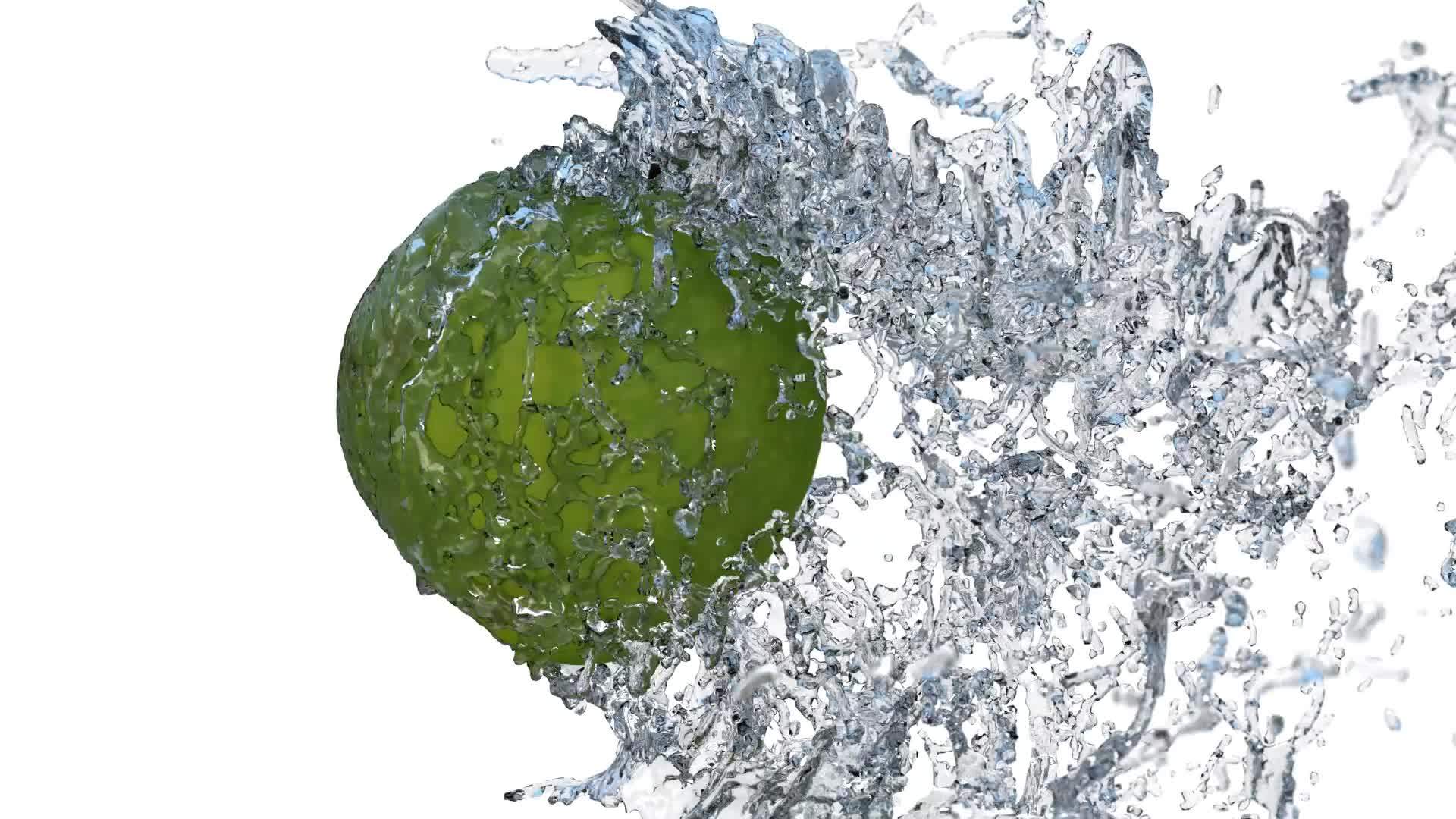 01超慢动作绿苹果水在白色背景下喷洒视频的预览图