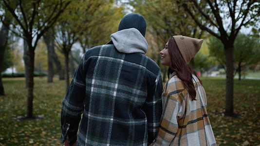 恩爱的情侣在秋天的公园里漫步视频的预览图