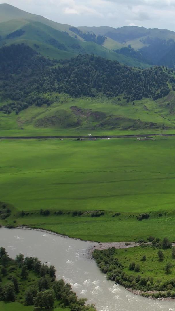 新疆伊犁唐布拉草原山脉河流风光航拍视频视频的预览图