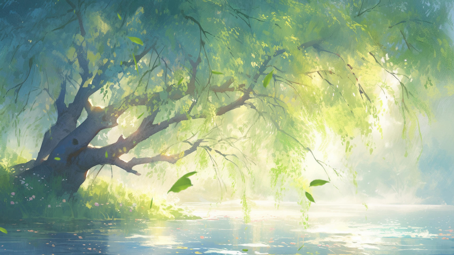 绿春河边柳树池塘背景视频视频的预览图