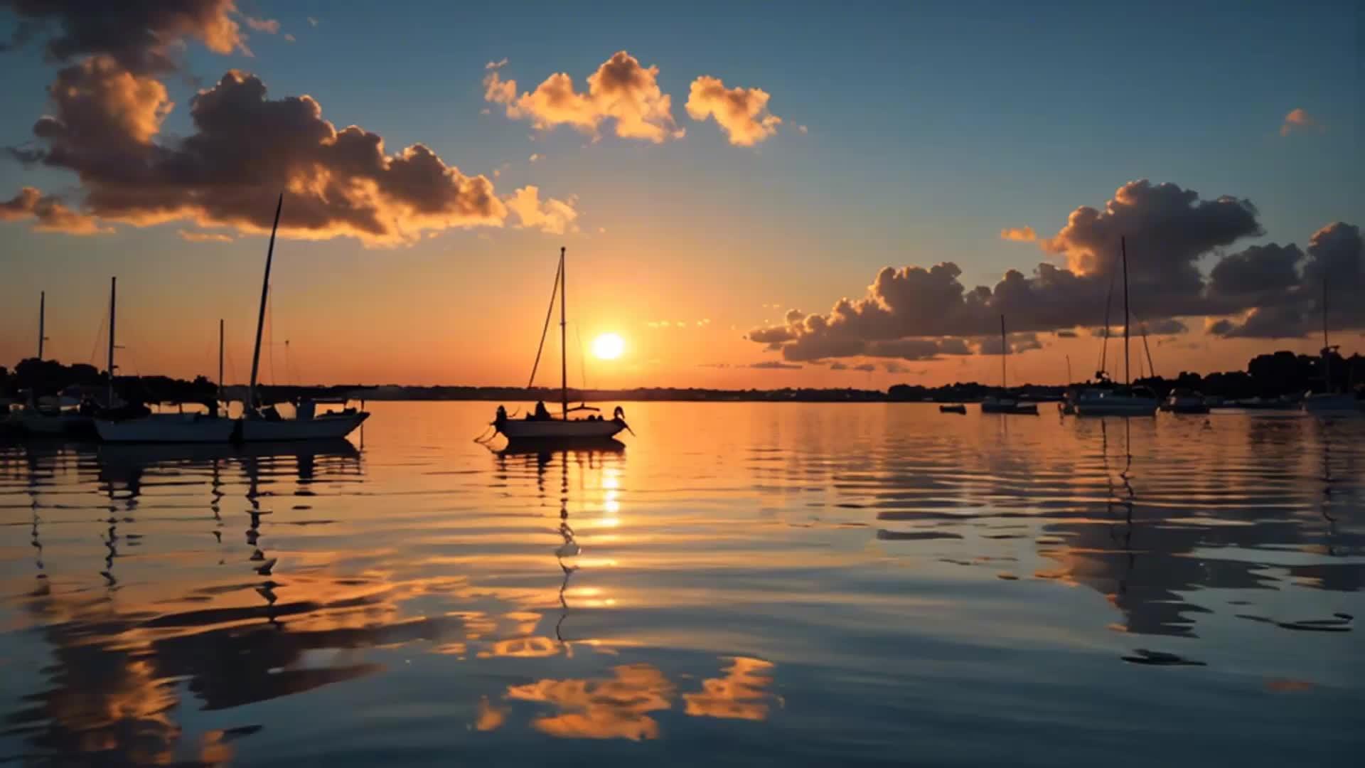 日落湖面上的帆船视频的预览图