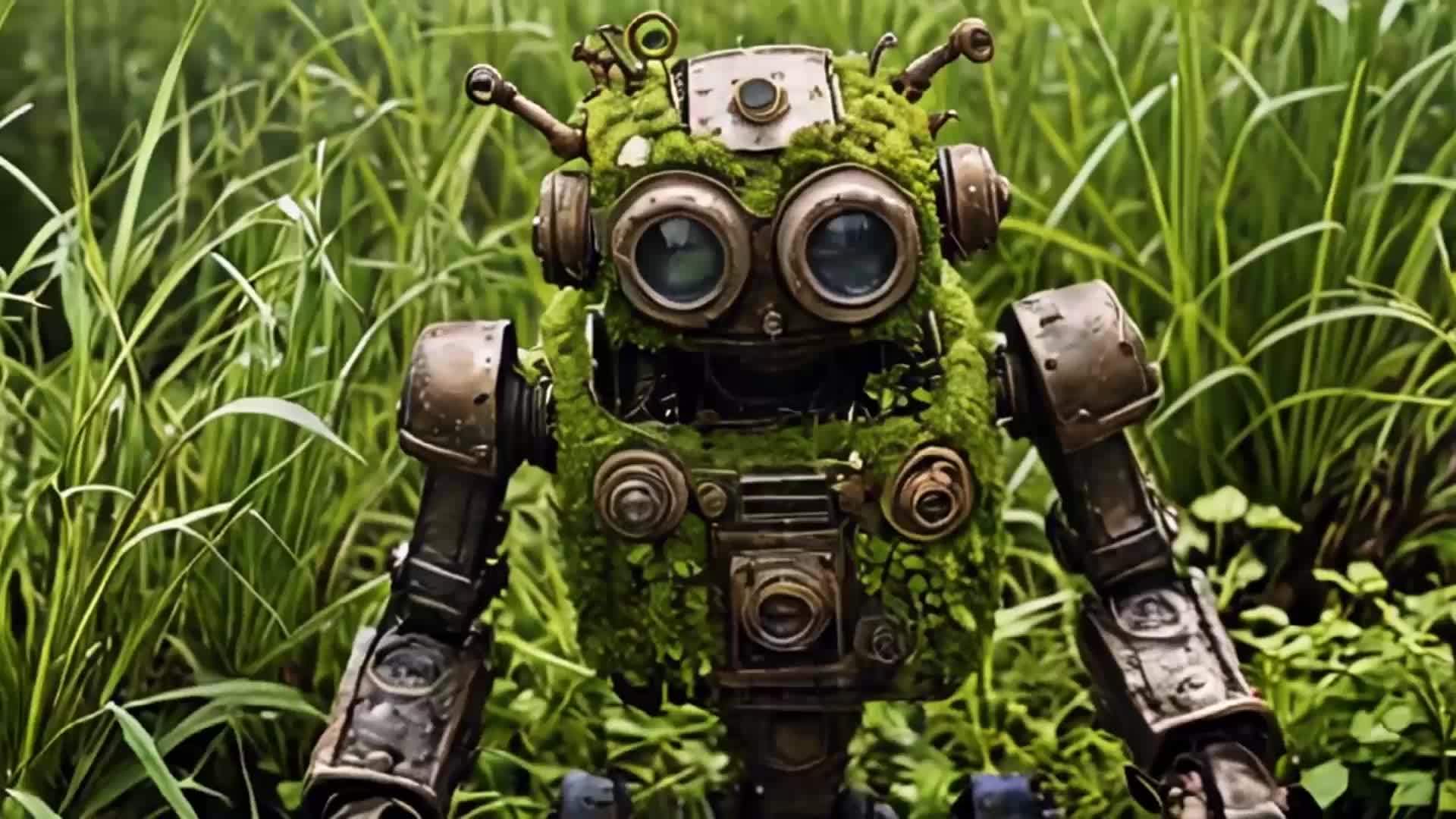 废弃的机器人在草丛中视频的预览图