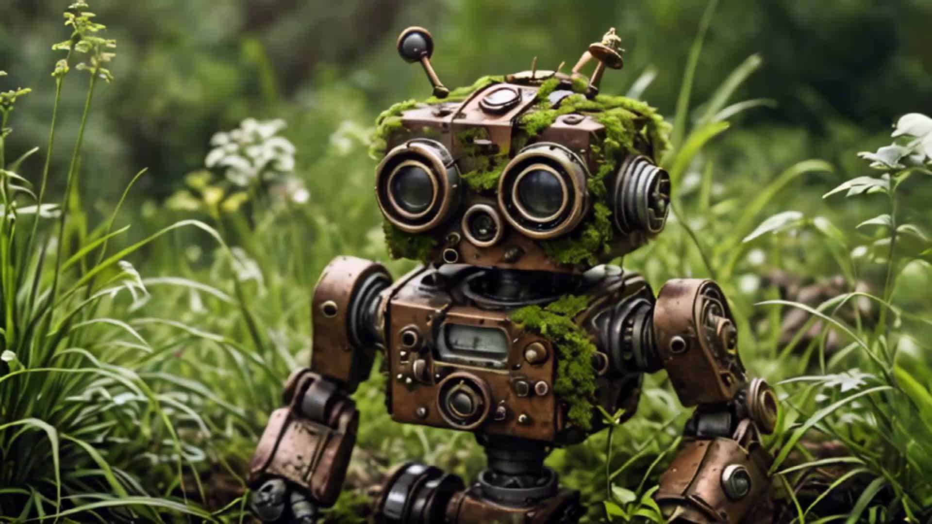 废弃的机器人在草丛中视频的预览图