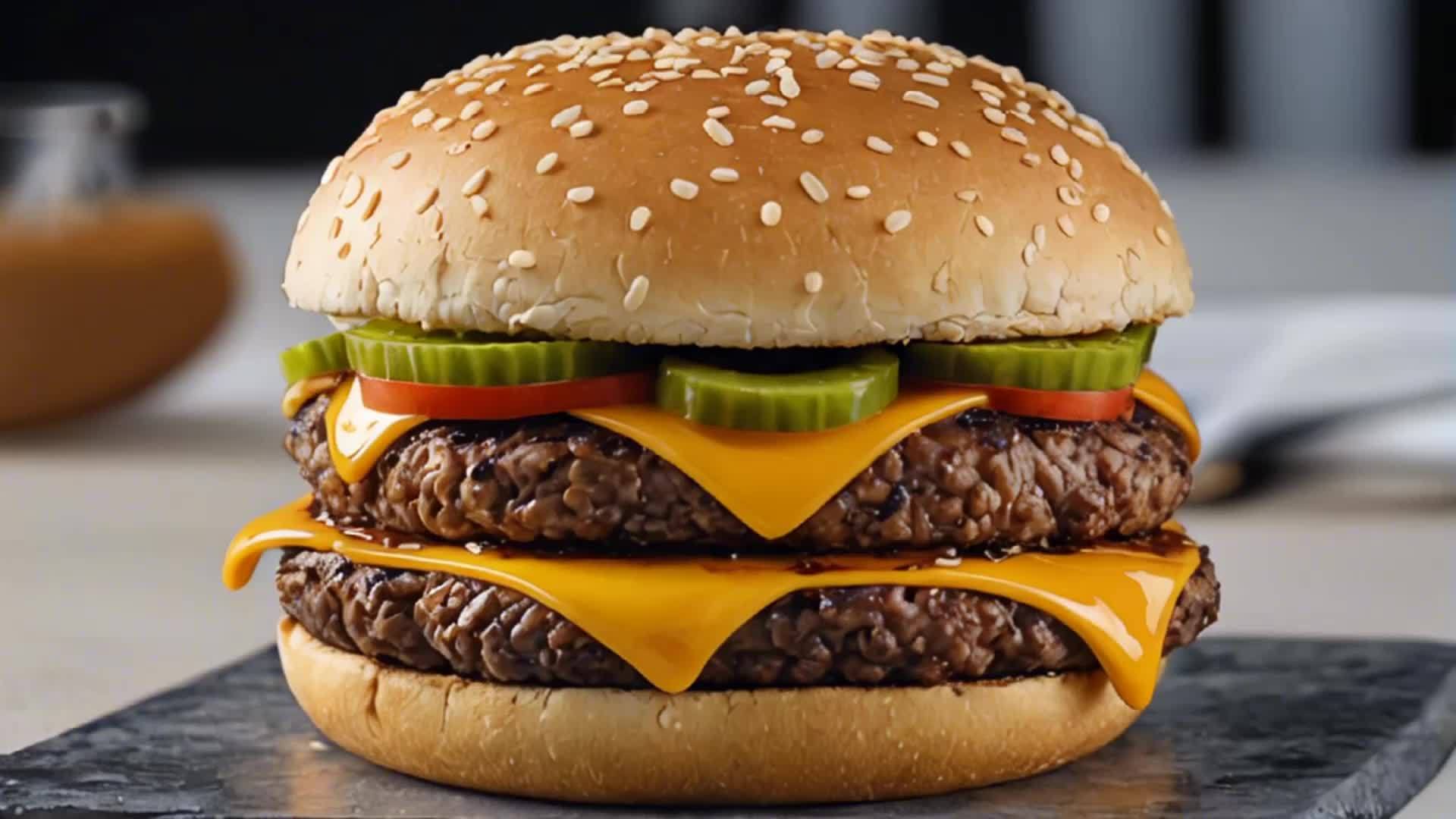 双层牛肉奶酪汉堡快餐视频的预览图