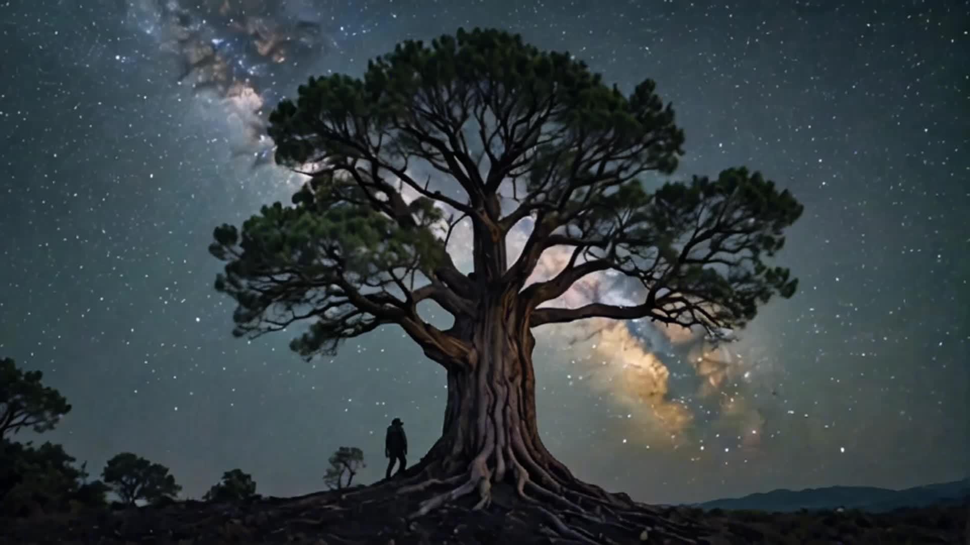 夜晚星空下的大树风光明媚视频的预览图