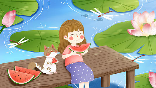 夏天荷塘吃西瓜少女卡通背景视频视频的预览图