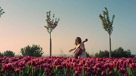 一位年轻女子在郁金香田中以灵感演奏大提琴视频的预览图