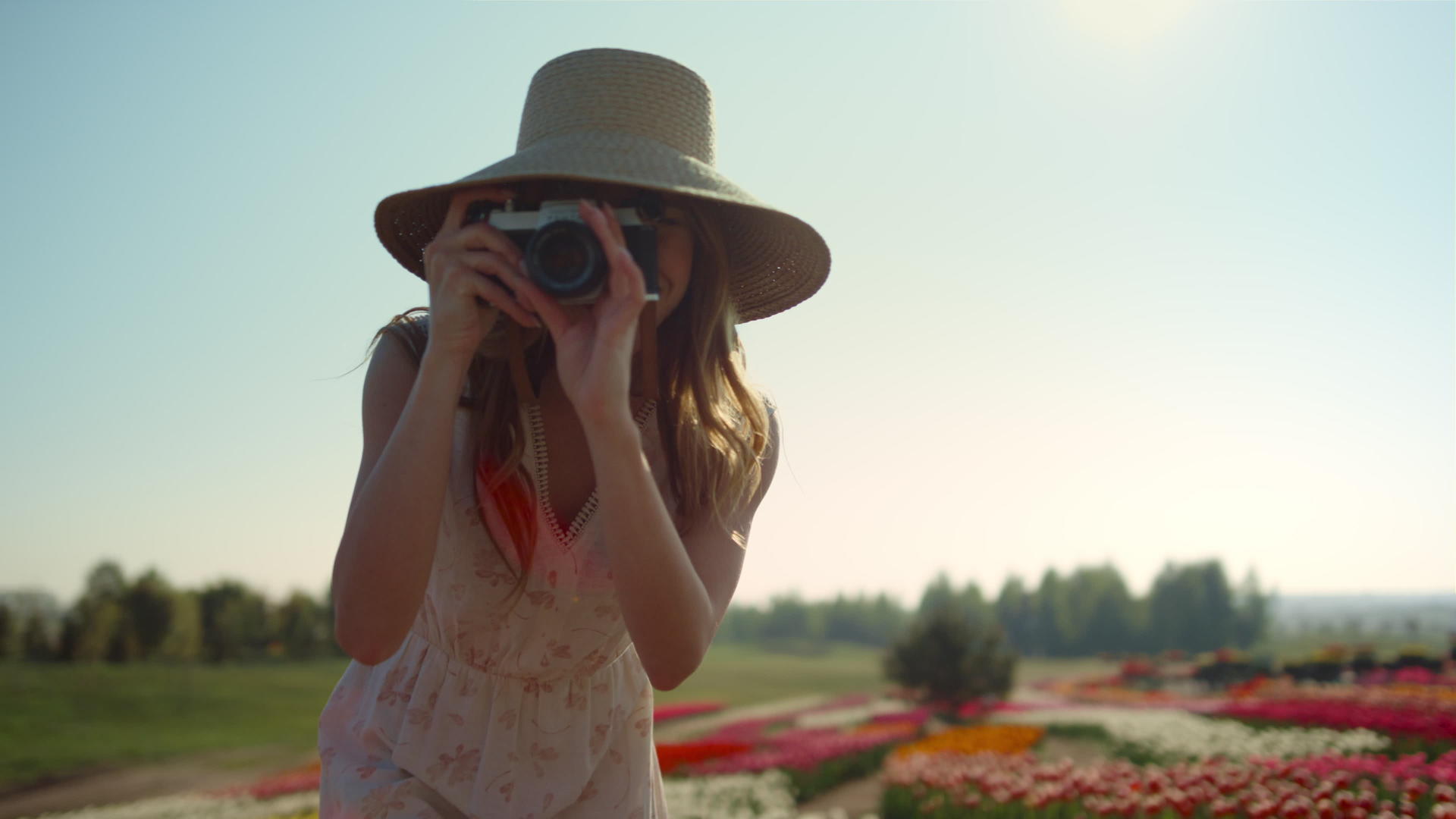 职业女摄影师在美丽的花园里用鲜花拍照视频的预览图