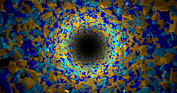 通过抽象的隧道循环动画由蓝色和黄色的盒子组成Hollowing视频的预览图