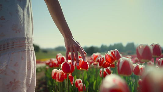在美丽的花园里特写女人用手指抚摸着五颜六色的郁金香视频的预览图