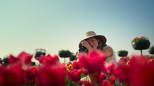 在红花中美丽的女人视频的预览图