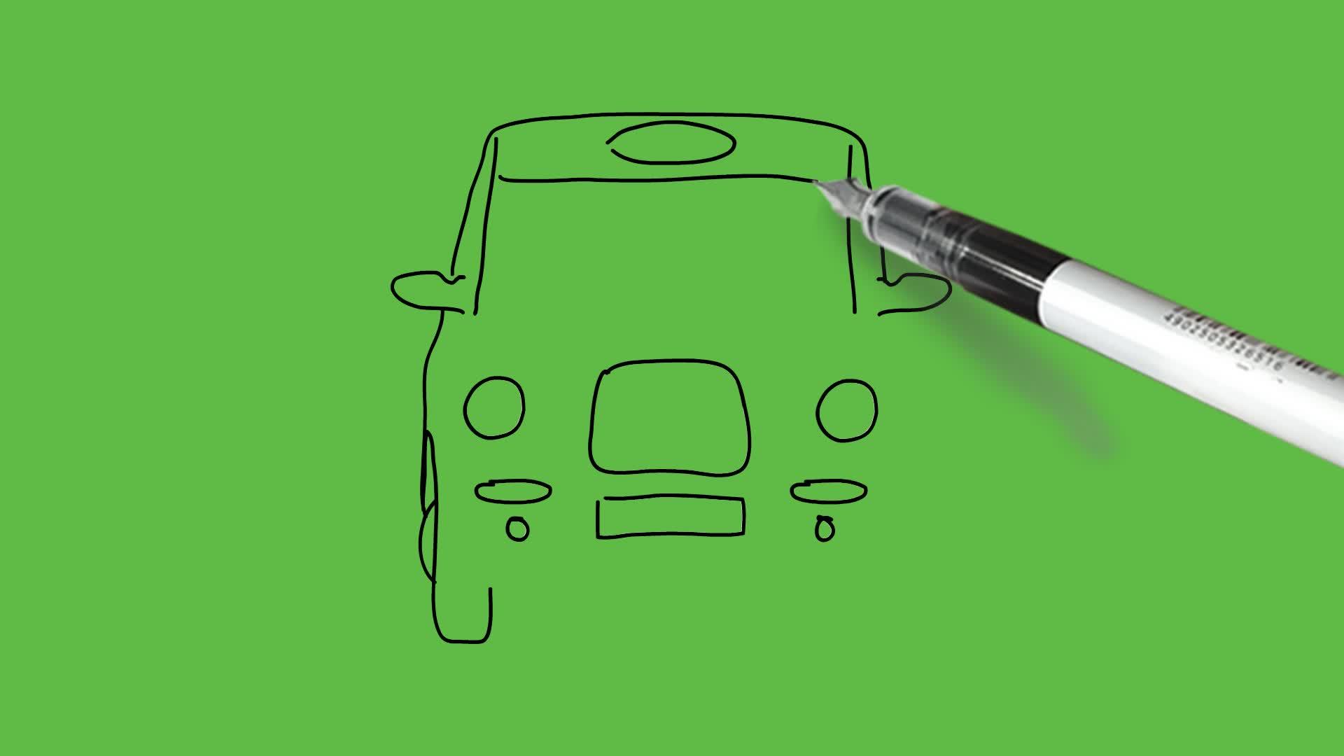 在抽象的绿色背景上画出黑色和颜色组合的乘用车前视图视频的预览图