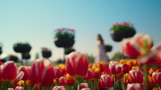 美丽的花园在春天与女人剪影视频的预览图